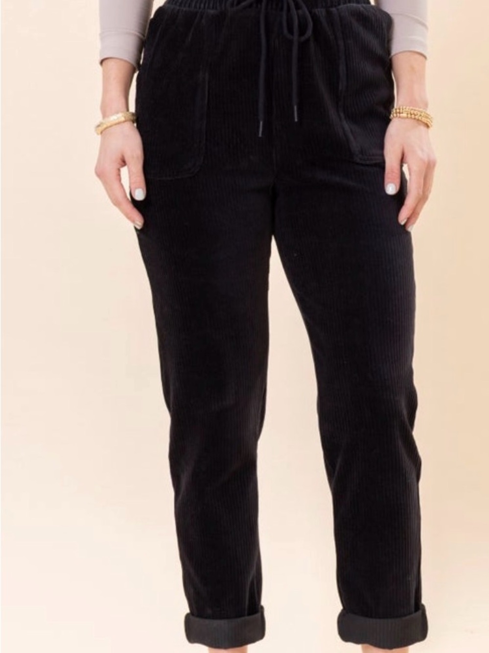 Very Black Corduroy Elastic-Waist cuffed Pants. Small.